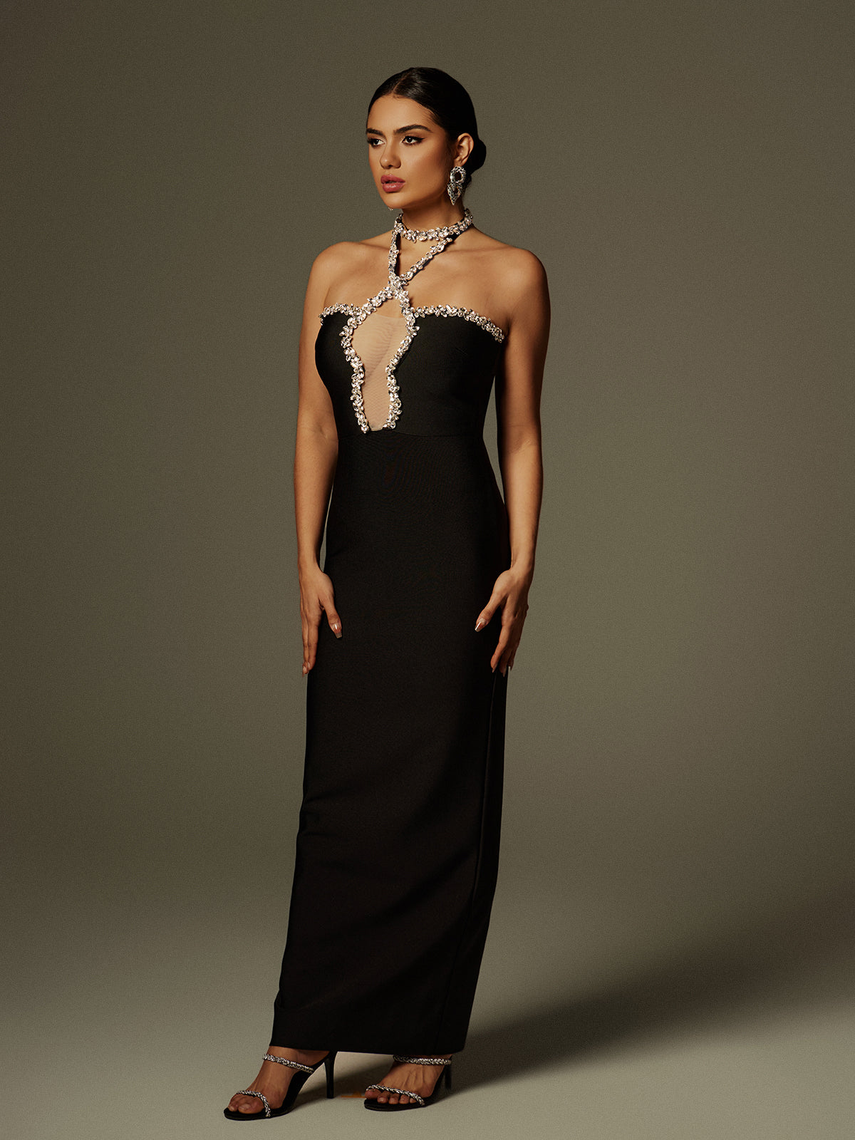 Cornie Halterneck Rhinestone Bandage Maxi Dress