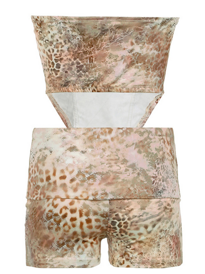 Corvilde Strapless Leopard Shorts Set In Khaki