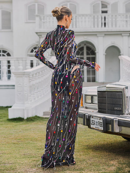 Corvina Fringe Embellished Mesh Maxi Dress