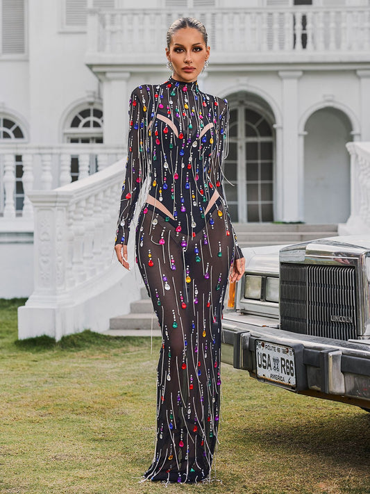 Corvina Fringe Embellished Mesh Maxi Dress