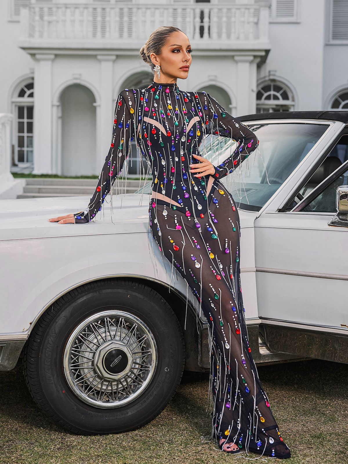 Corvina Fringe Embellished Mesh Maxi Dress