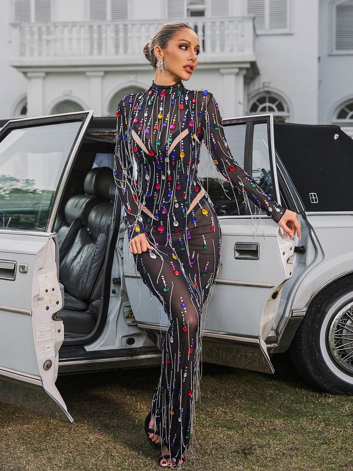 Corvina Fringe Embellished Mesh Maxi Dress