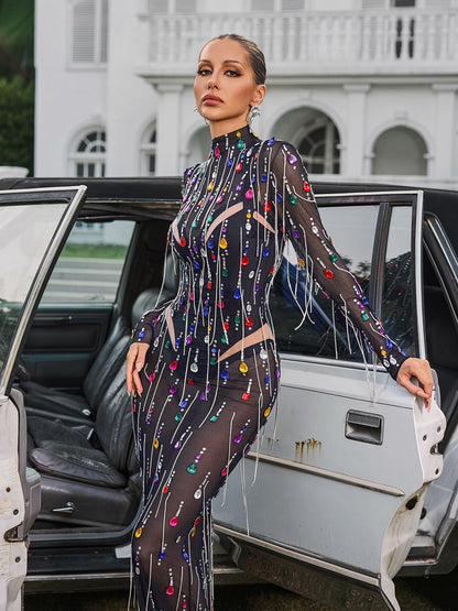 Corvina Fringe Embellished Mesh Maxi Dress