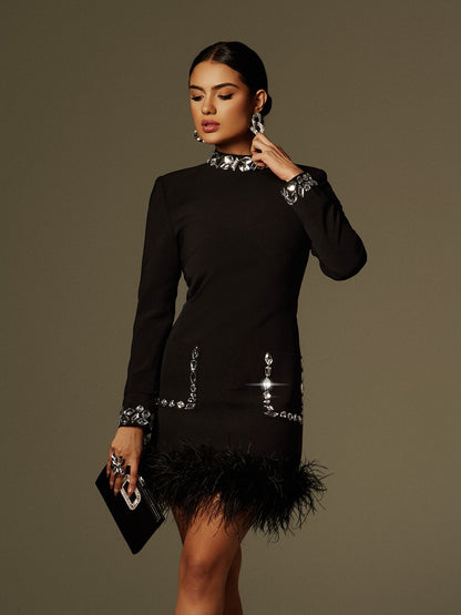 Cosma Long Sleeve Rhinestone Feather Mini Dress
