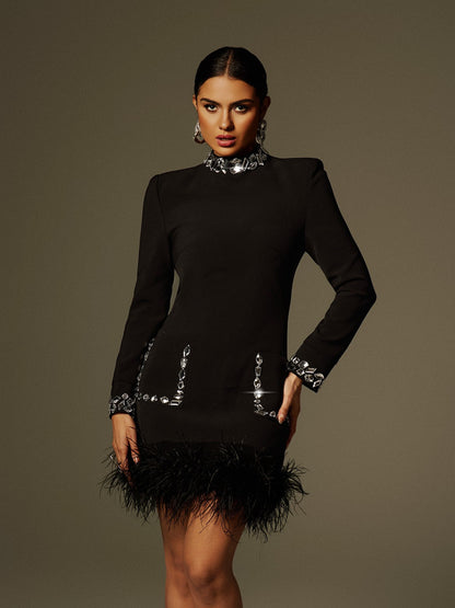 Cosma Long Sleeve Rhinestone Feather Mini Dress