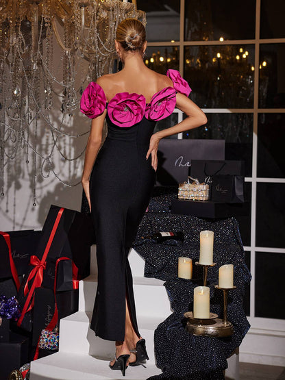 Creed Off Shoulder Flower Bandage Dress In Hot Pink