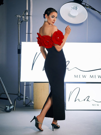 Creed Off Shoulder Flower Bandage Dress In Red