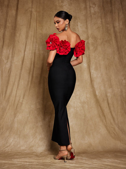 Creed Off Shoulder Flower Bandage Dress In Red