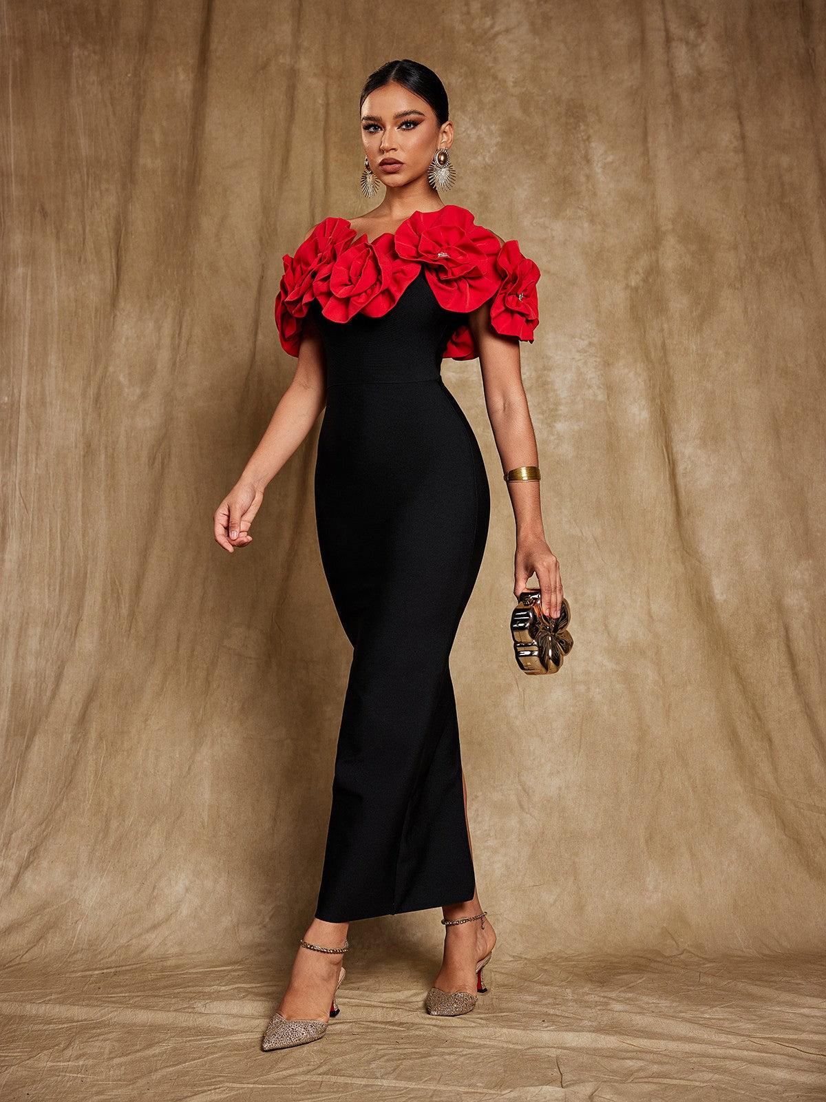 Creed Off Shoulder Flower Bandage Dress In Red