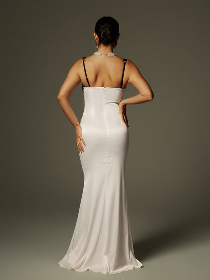 Crispina Plunge Neck Satin Maxi Dress