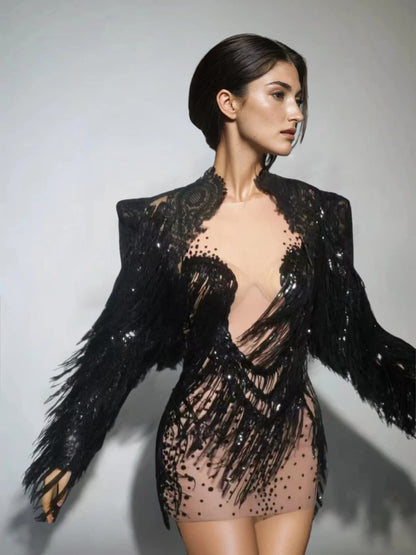 Cyvra Fringe Mesh Mini Dress With Coat In Black