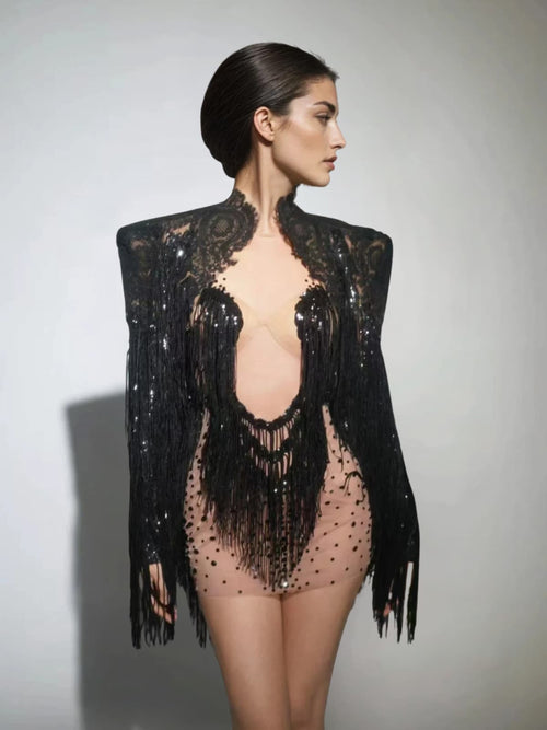 Cyvra Fringe Mesh Mini Dress With Coat In Black