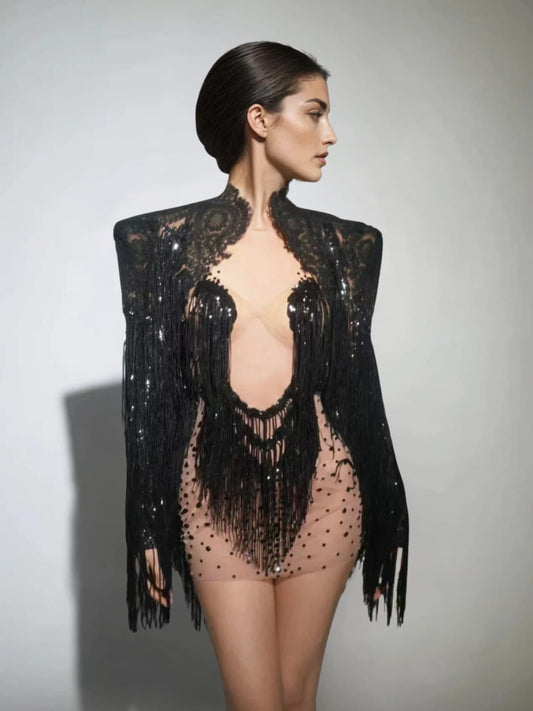 Cyvra Fringe Mesh Mini Dress With Coat In Black