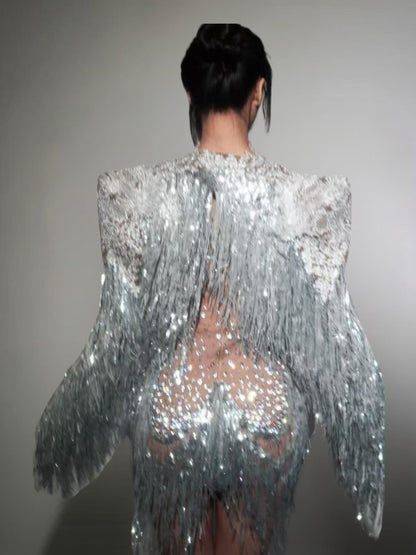 Cyvra Fringe Mesh Mini Dress With Coat In Silver