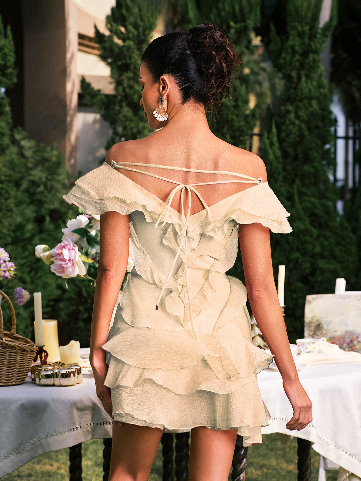 Dabney V Neck Ruffle Mini Dress In Champagne