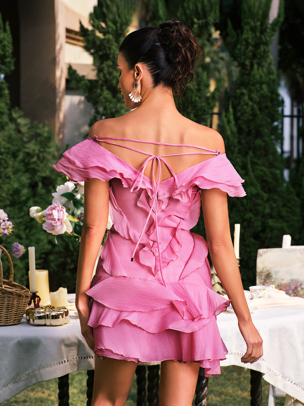 Dabney V Neck Ruffle Mini Dress In Pink