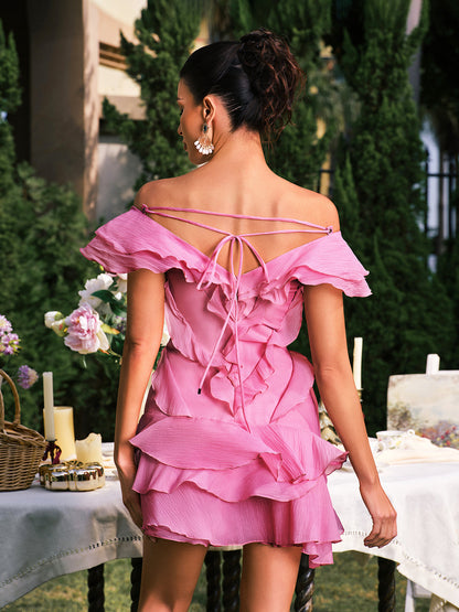 Dabney V Neck Ruffle Mini Dress In Pink