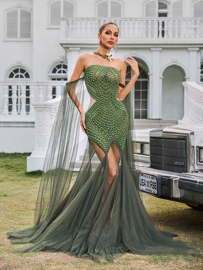 Daelis Off Shoulder Rhinestone Mesh Maxi Dress