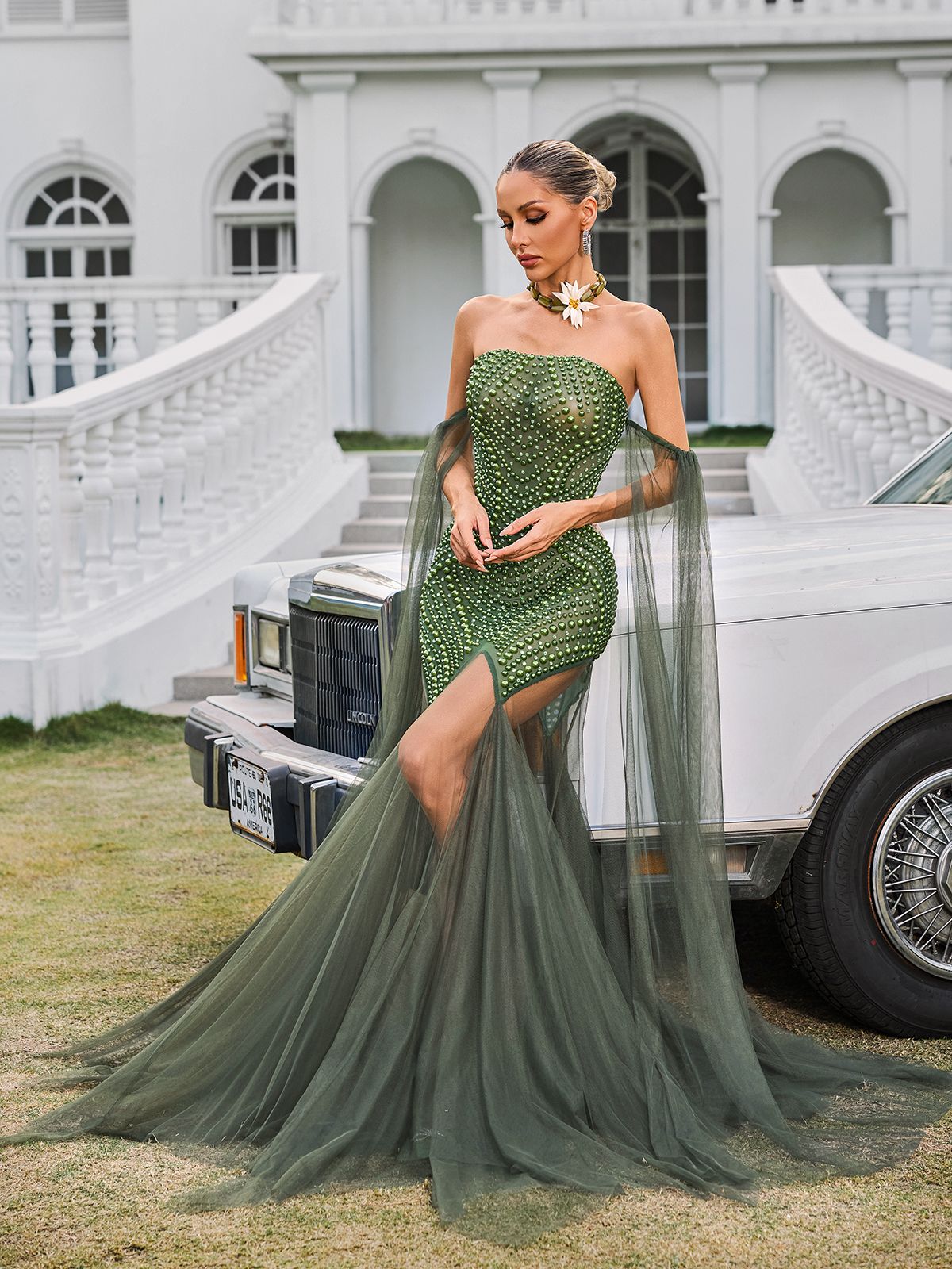 Daelis Off Shoulder Rhinestone Mesh Maxi Dress