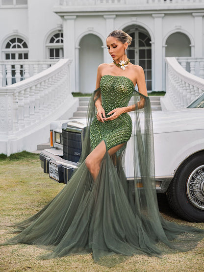Daelis Off Shoulder Rhinestone Mesh Maxi Dress