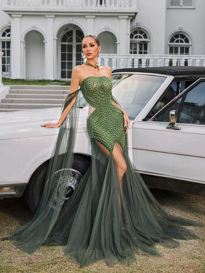 Daelis Off Shoulder Rhinestone Mesh Maxi Dress