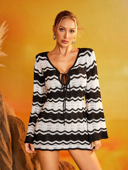 Daelvira Stripe Cutout Knitted Cover Up Dress