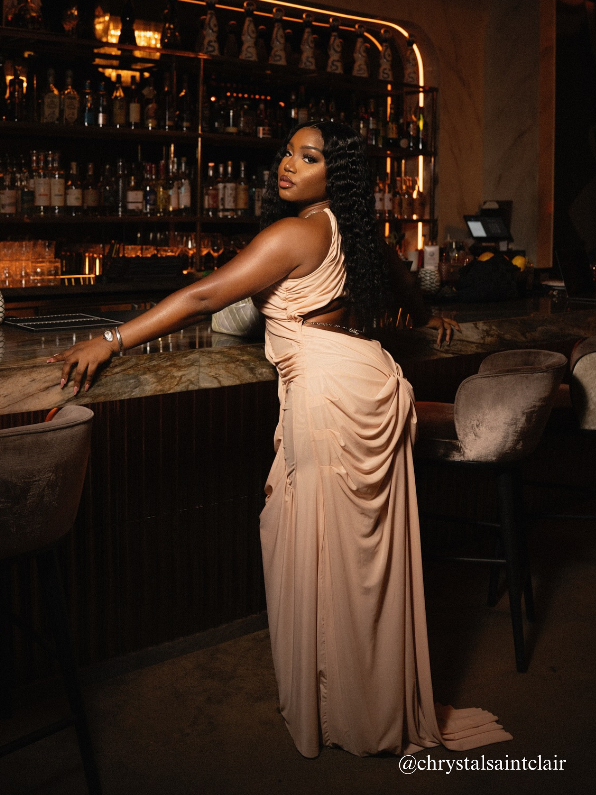 Daiki Halterneck Ruched Maxi Dress In Apricot