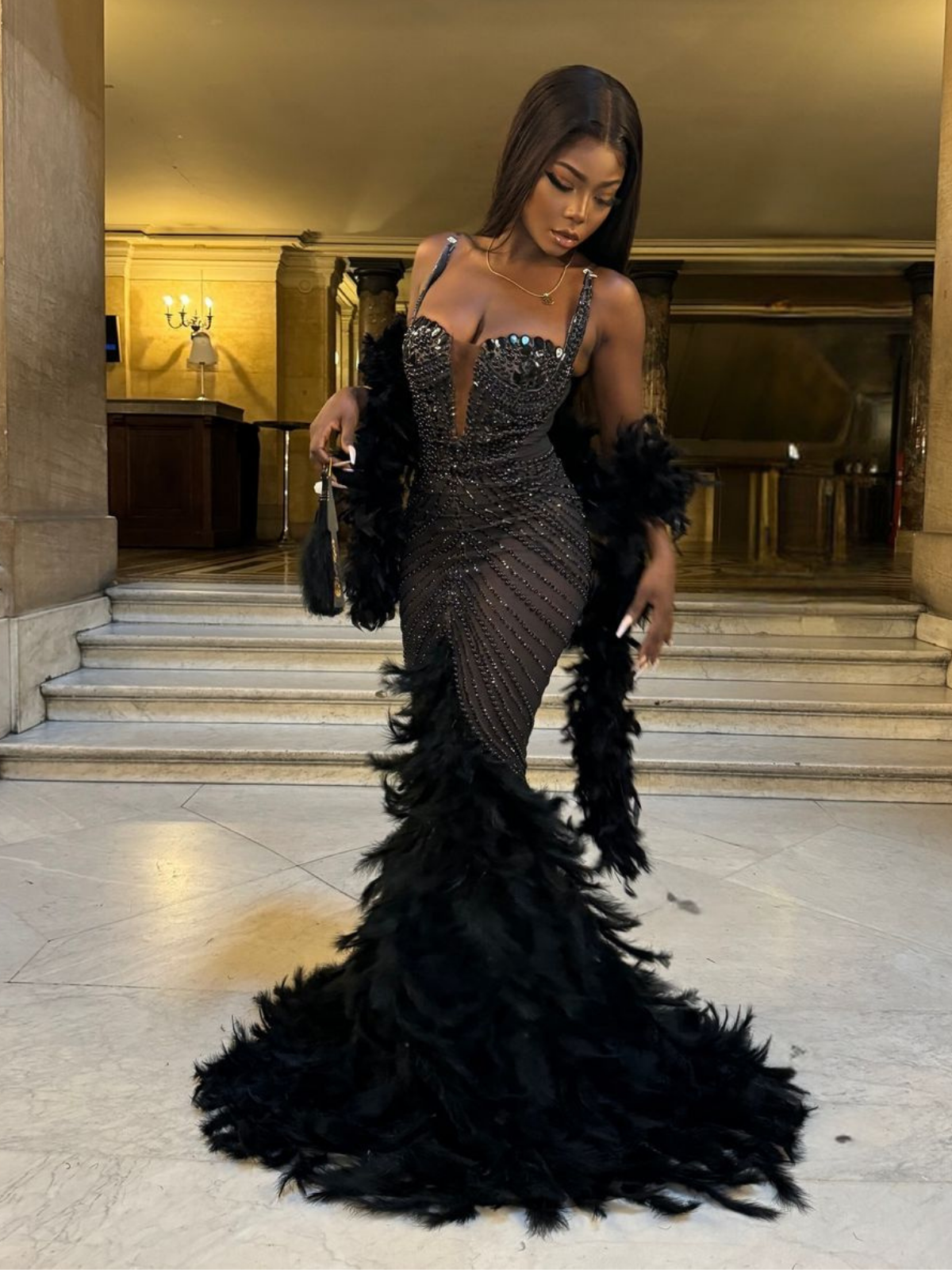 Daire Rhinestone Feather Mermaid Mesh Dress