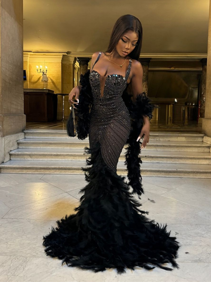 Daire Rhinestone Feather Mermaid Mesh Dress