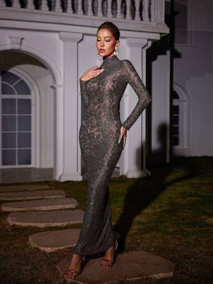 Damien Long Sleeve Lace Maxi Dress In Black