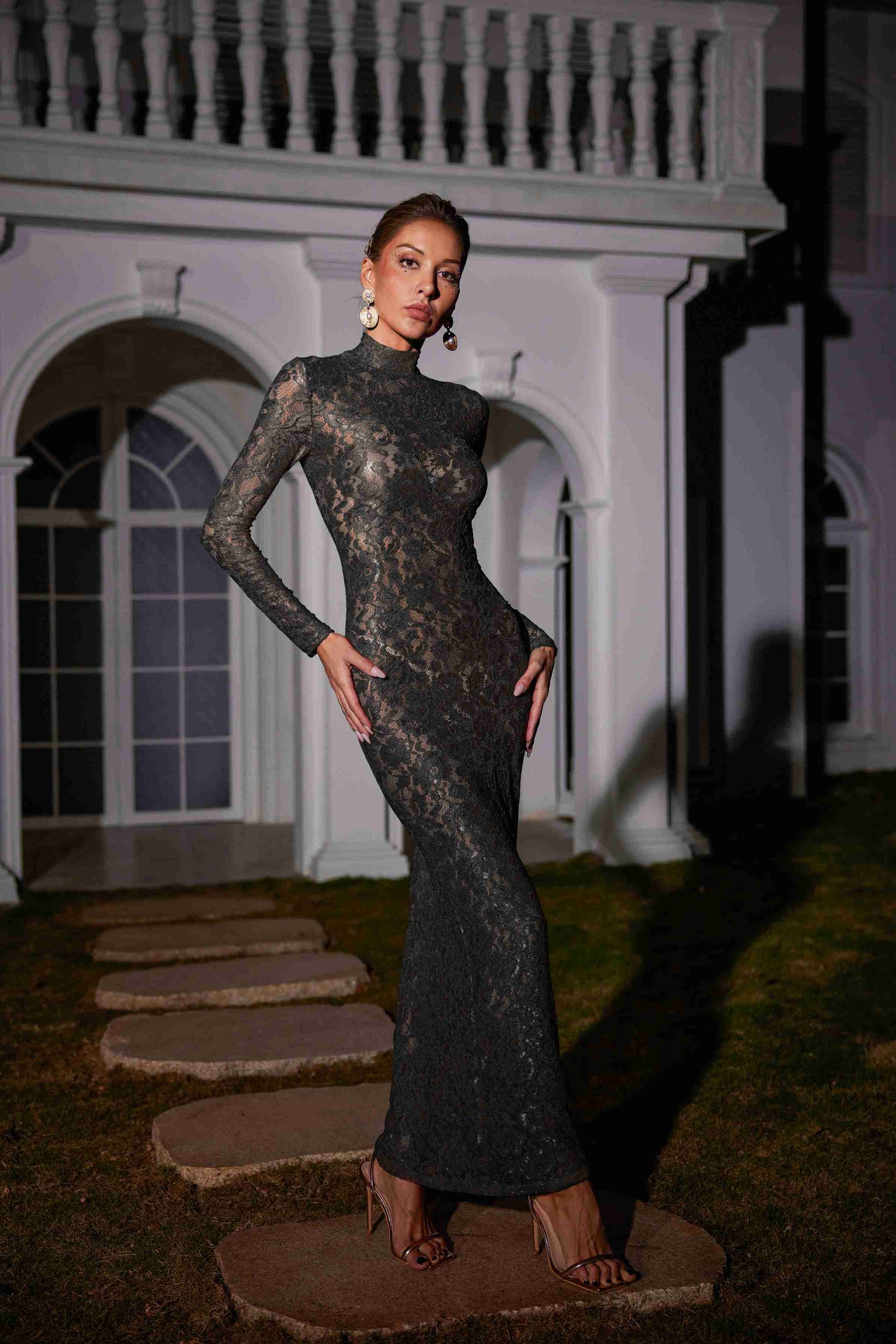 Damien Long Sleeve Lace Maxi Dress In Black