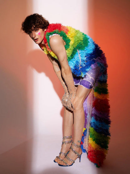 Danny Rainbow Rhinestone Mesh Dress With Vest