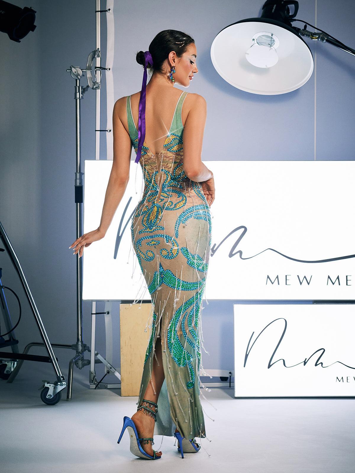 Darrell Print Crystal Fringe Maxi Dress