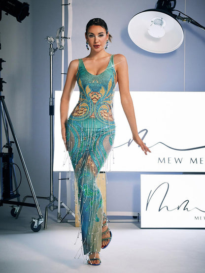 Darrell Print Crystal Fringe Maxi Dress