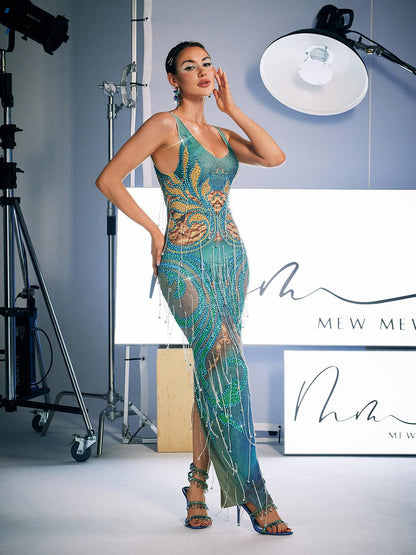 Darrell Print Crystal Fringe Maxi Dress