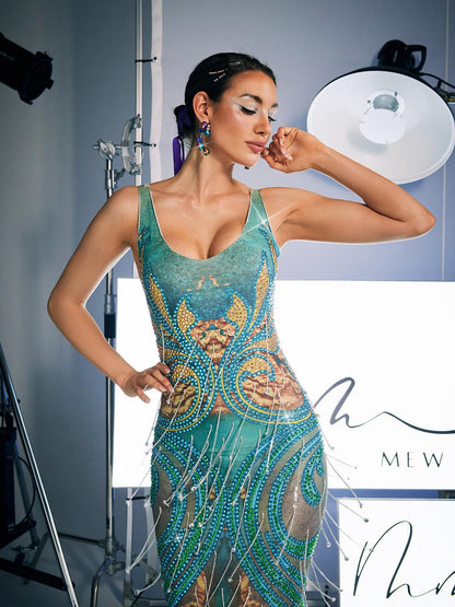 Darrell Print Crystal Fringe Maxi Dress