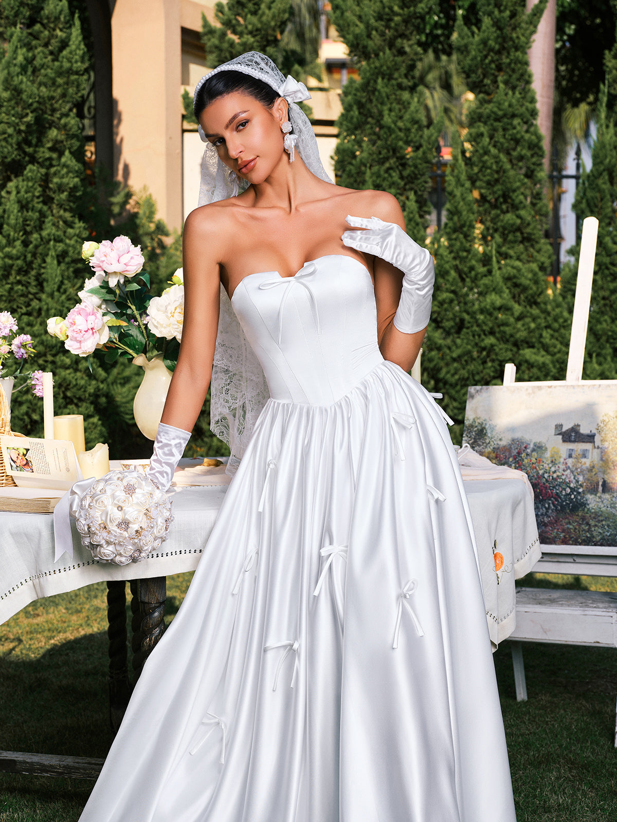 Darvin Strapless Bow Satin Maxi Dress