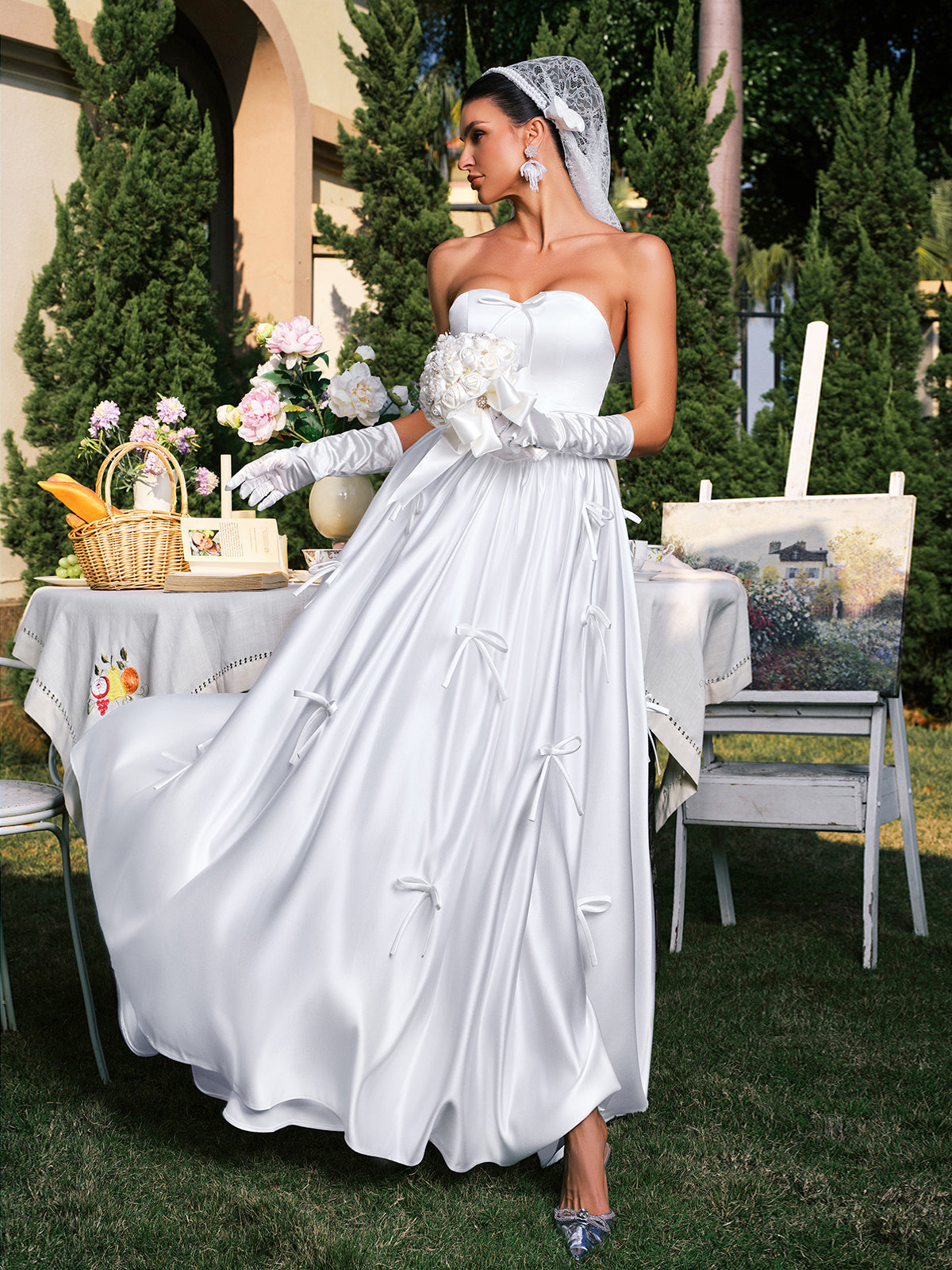 Darvin Strapless Bow Satin Maxi Dress