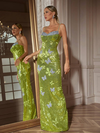 Dayshaun Butterfly Rhinestone Sequin  Maxi Dress