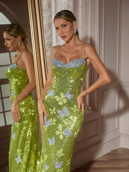 Dayshaun Butterfly Rhinestone Sequin  Maxi Dress