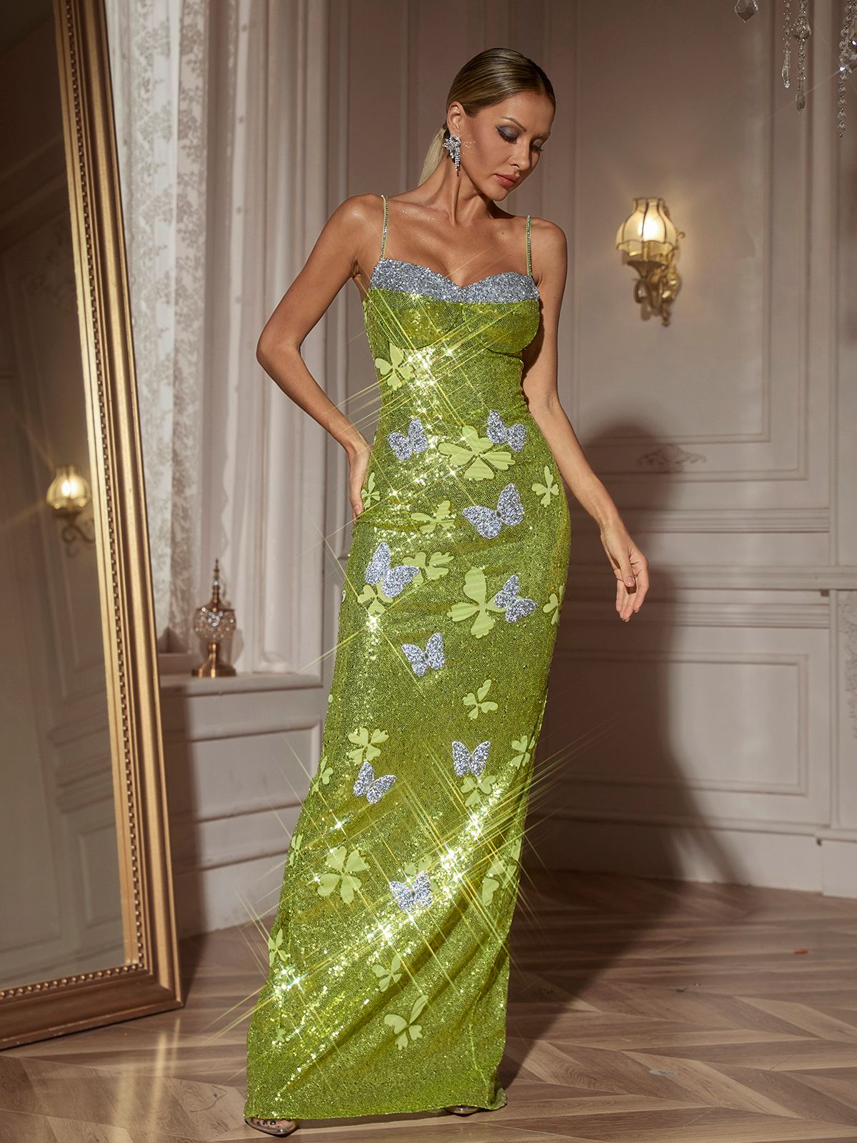 Dayshaun Butterfly Rhinestone Sequin  Maxi Dress