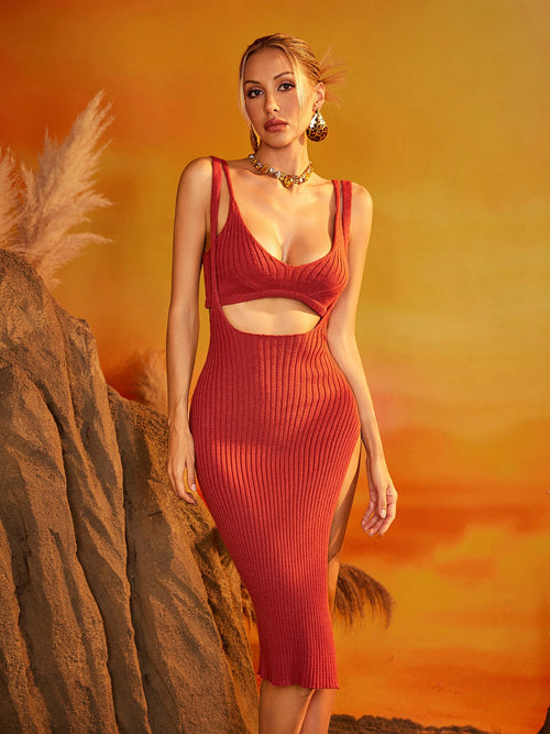 Dazryn Cutout Split Knitted Skirt Set