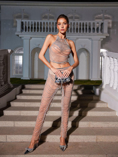 Devin Crystal Chain Mesh Pants Set