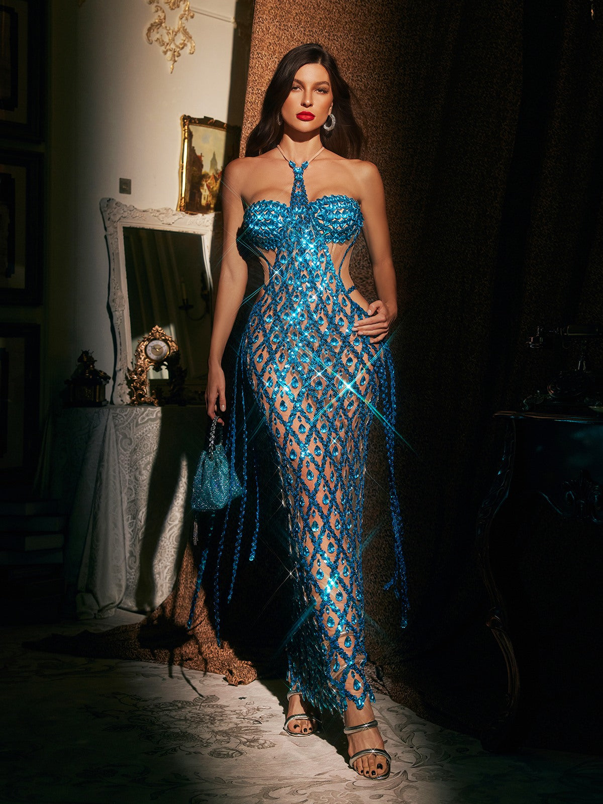 Diego Halterneck Embellished Mesh Maxi Dress In Blue