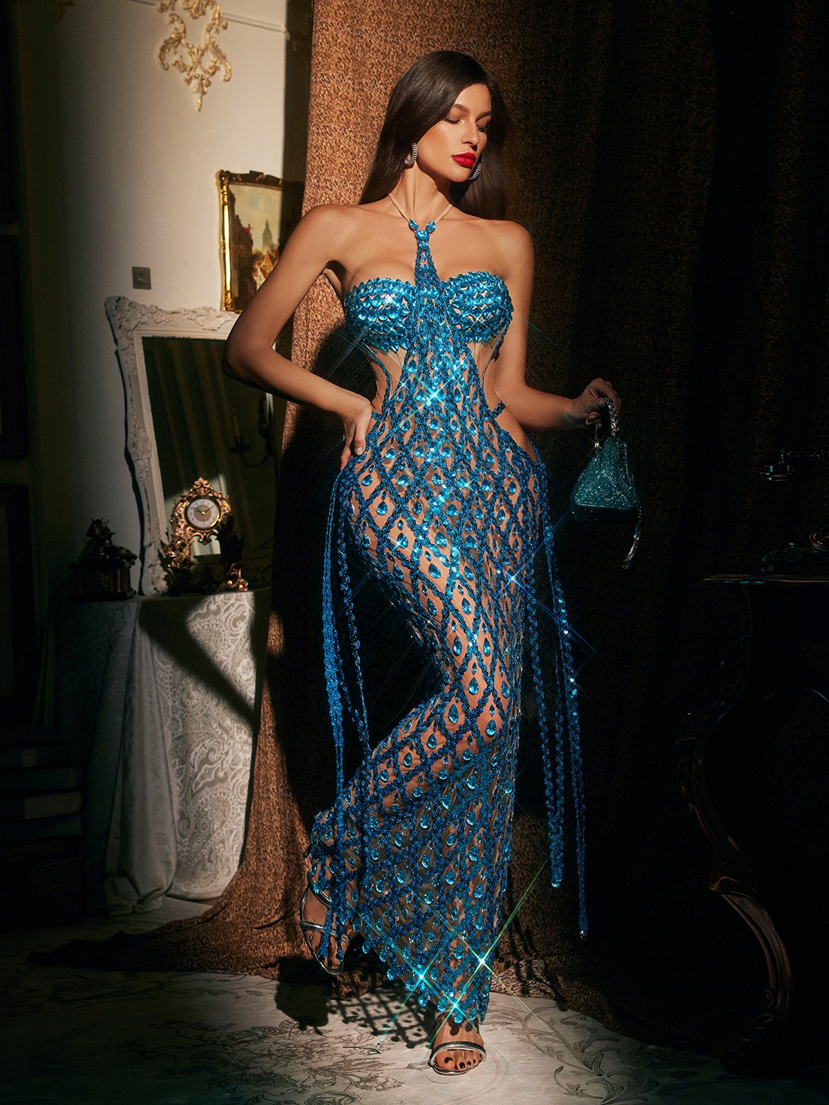 Diego Halterneck Embellished Mesh Maxi Dress In Blue