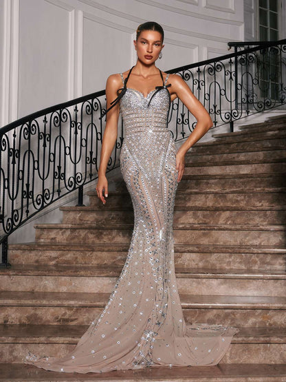 Disen Spaghetti Rhinestone Embellished Maxi Dress