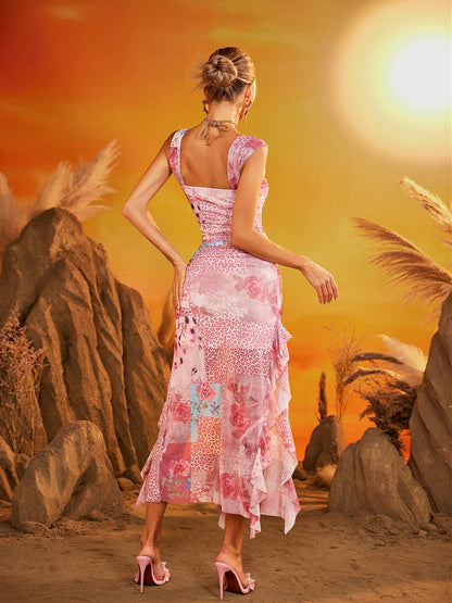 Drazion Ruched Floral Leopard Split Midi Dress