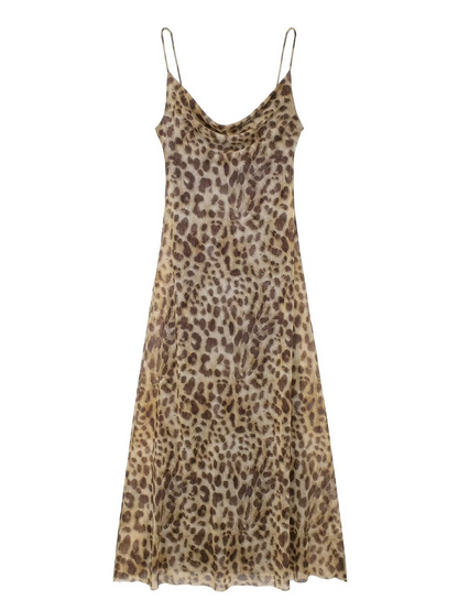 Drynthia Spaghetti Leopard Midi Dress In Brown