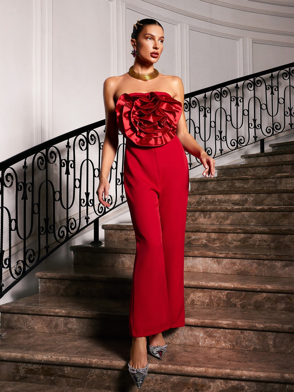 Dunja Strapless Flower Jumpsuit In Red