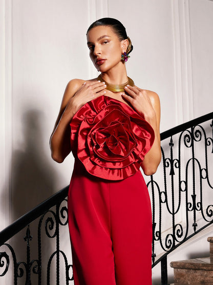 Dunja Strapless Flower Jumpsuit In Red